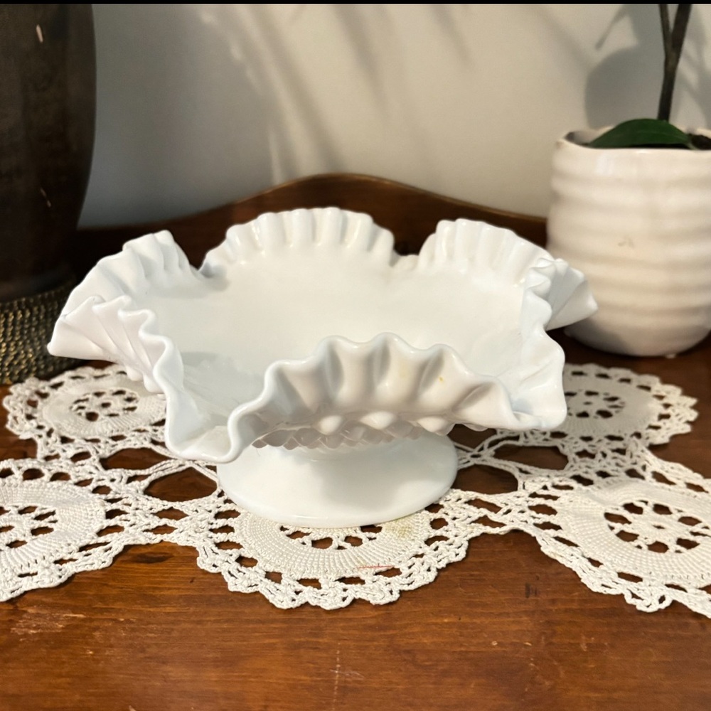 Vintage 1960’s Fenton Hobnail Ruffled Rim White Milk Glass
Pedestal Bowl